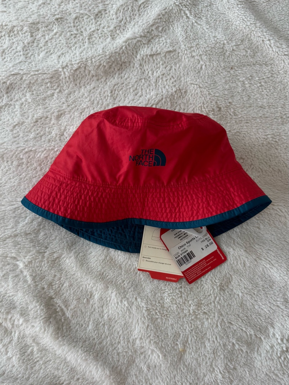 The North Face Red and Teal Blue Bucket Hat with Logo